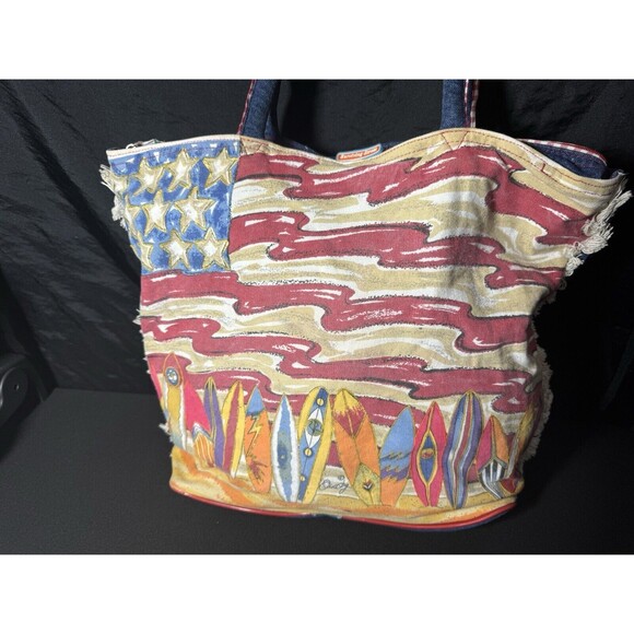 2000s Anne Ormsby Beach Bag Patriotic Surf Denim bag "Surviving Stress" American - Picture 3 of 14